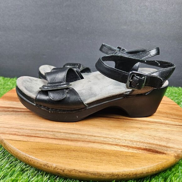 DANSKO Sela Wedge Sandals Womens 38 Slide Black Leather Buckle Casual Slingback - Picture 5 of 11